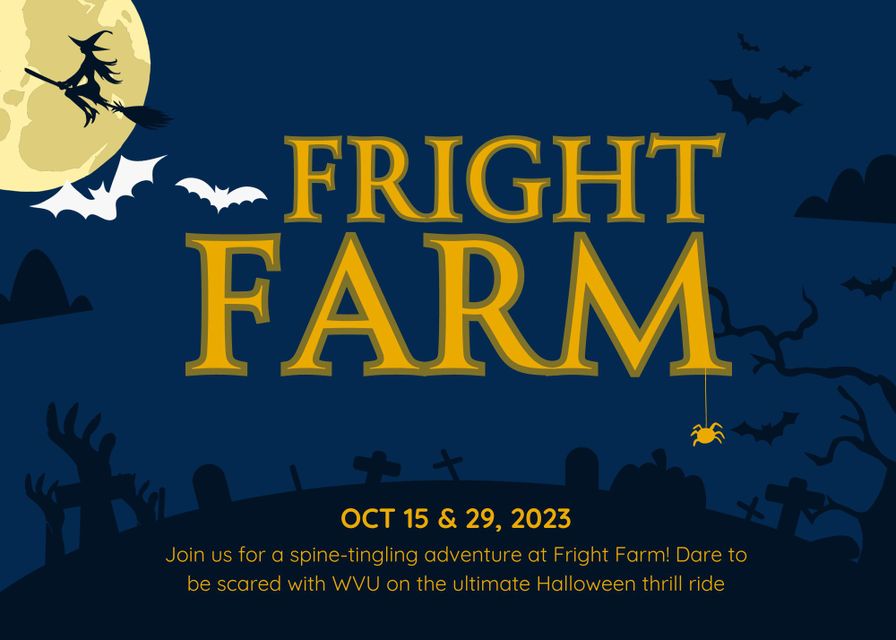 wvu fright farm trip with witch on broom and spooky creatures