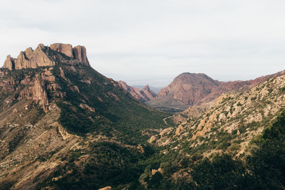A sweeping landscape of the Chisos Mountains in Big Bend Texas