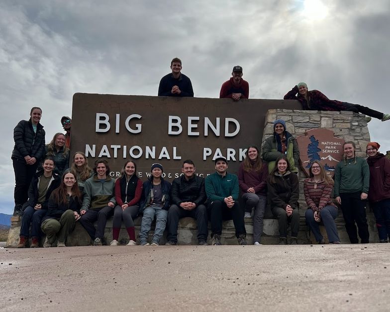 Students pose at the Big Bend National Park sign upon reaching their final destination.